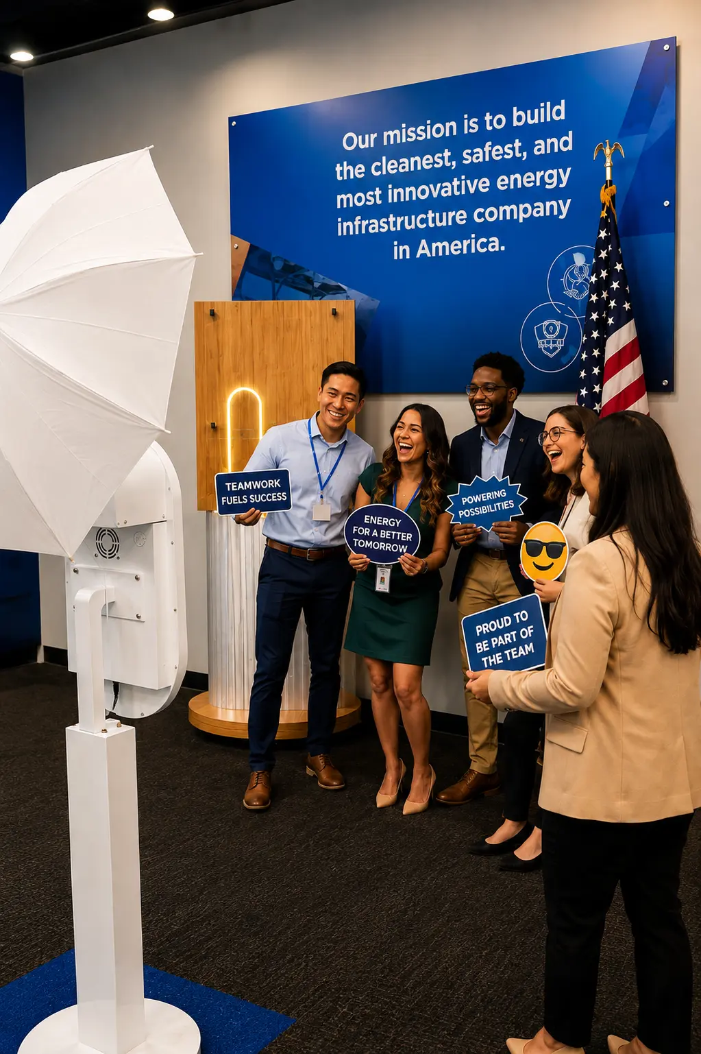Employees enjoying an MnM corporate photo booth setup