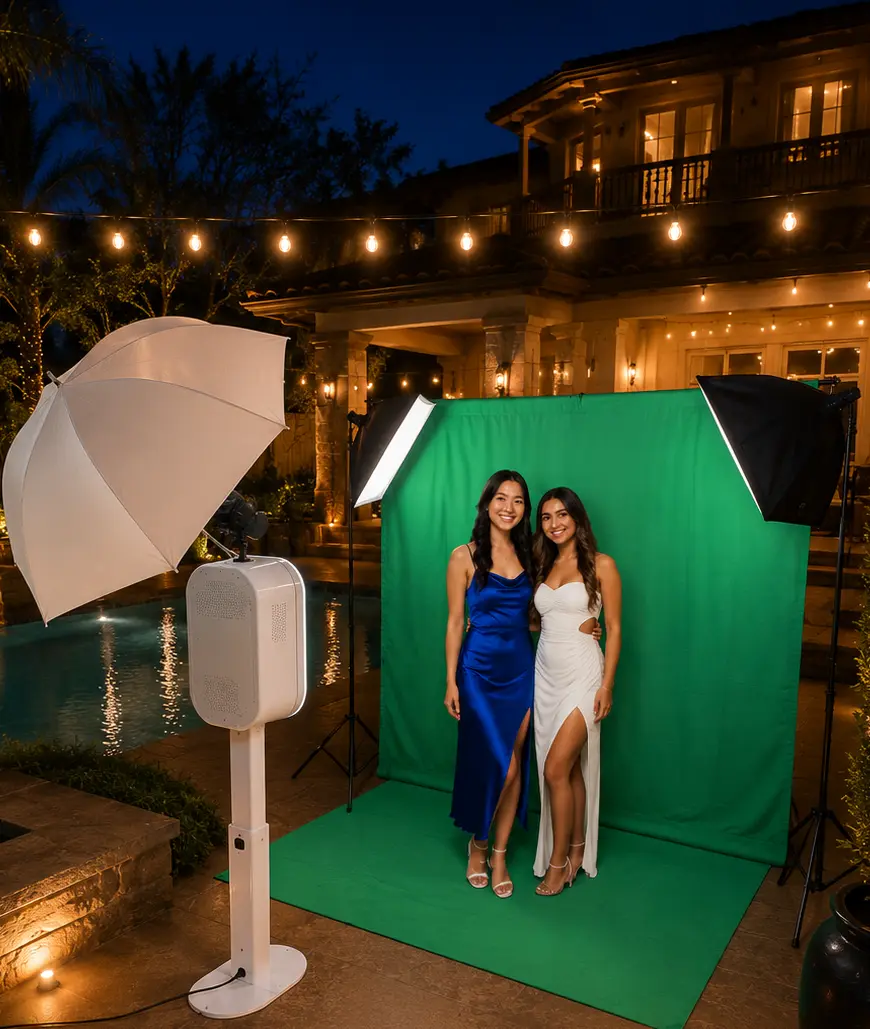 Before: guests posing at the green screen photo booth setup